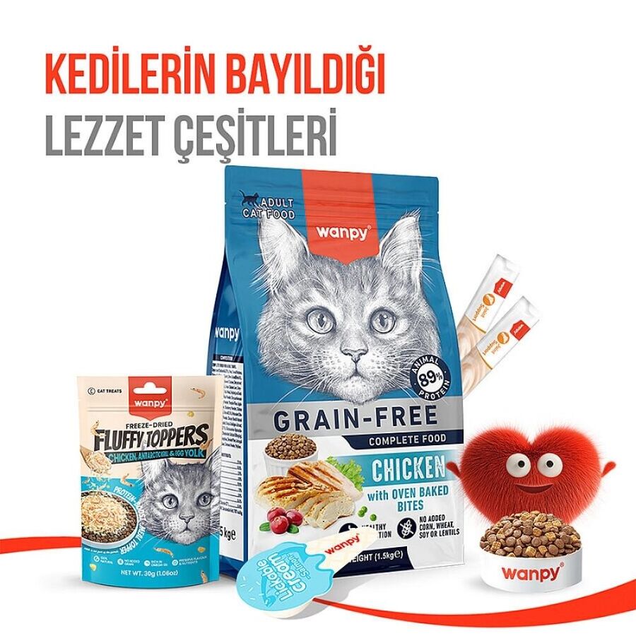 Wanpy Dondurularak Kurutulmuş Fluffy Toppers Tavuk Karides ve Yumurta Sarılı Kedi Ödül Maması 30gr