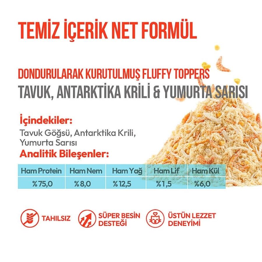 Wanpy Dondurularak Kurutulmuş Fluffy Toppers Tavuk Karides ve Yumurta Sarılı Kedi Ödül Maması 30gr