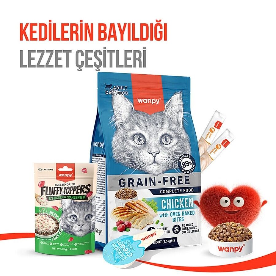 Wanpy Dondurularak Kurutulmuş Fluffy Toppers Tavuklu ve Kızılcıklı Kedi Ödül Maması 30gr