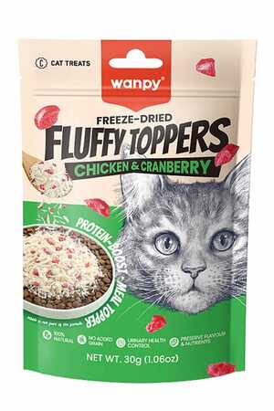 WANPY - Wanpy Dondurularak Kurutulmuş Fluffy Toppers Tavuklu ve Kızılcıklı Kedi Ödül Maması 30gr