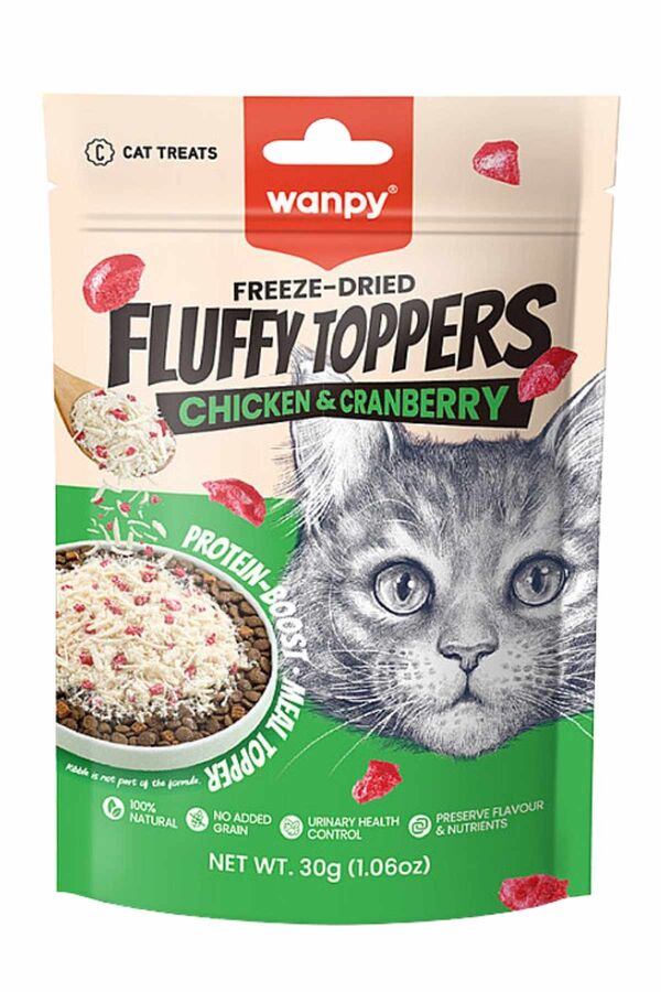 Wanpy Dondurularak Kurutulmuş Fluffy Toppers Tavuklu ve Kızılcıklı Kedi Ödül Maması 30gr