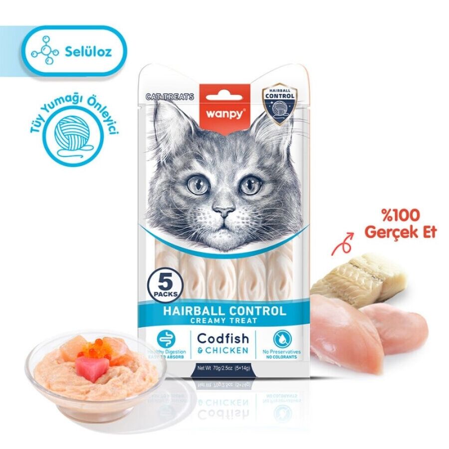 Wanpy Hairball Control Morina Balığı ve Tavuklu Krema Kedi Ödülü 5x14 Gr