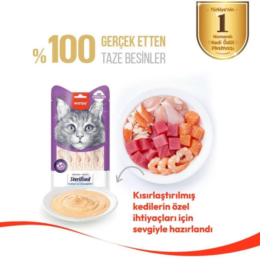 Wanpy Hindili ve Kızılcıklı Kısırlaştırılmış Kedi Krema Ödülü 5×14gr
