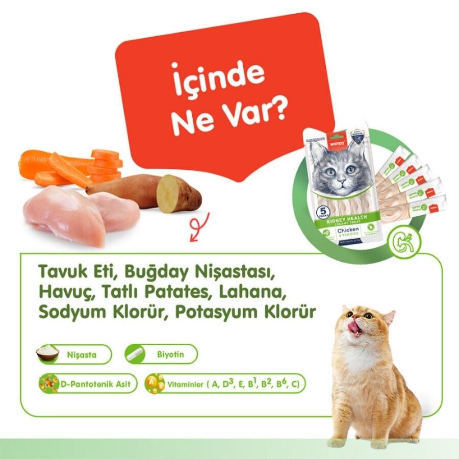 Wanpy Kidney Health Tavuklu ve Sebzeli Krema Kedi Ödülü 5x14 Gr Wanpy Kidney Health Tavuklu ve Sebzeli Krema Kedi Ödülü 5x14 Gr
