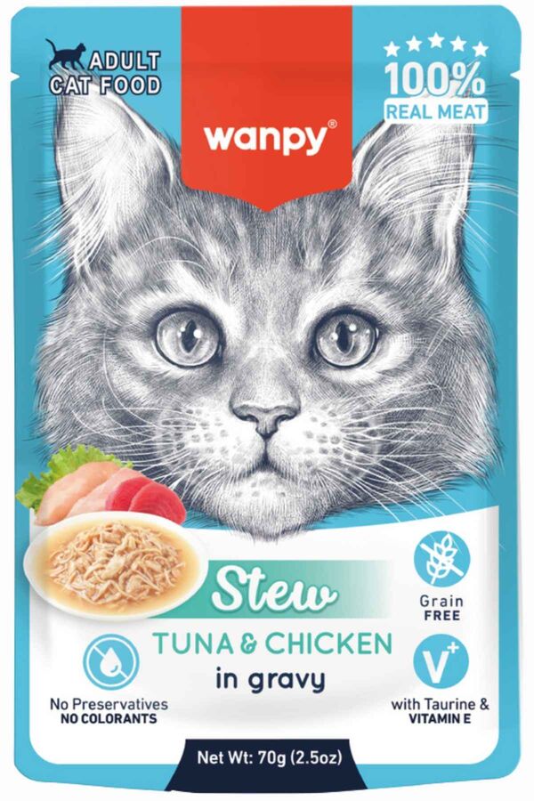 Wanpy Stew Sos İçinde Ton Balıklı ve Tavuklu Yetişkin Kedi Konservesi 70 Gr