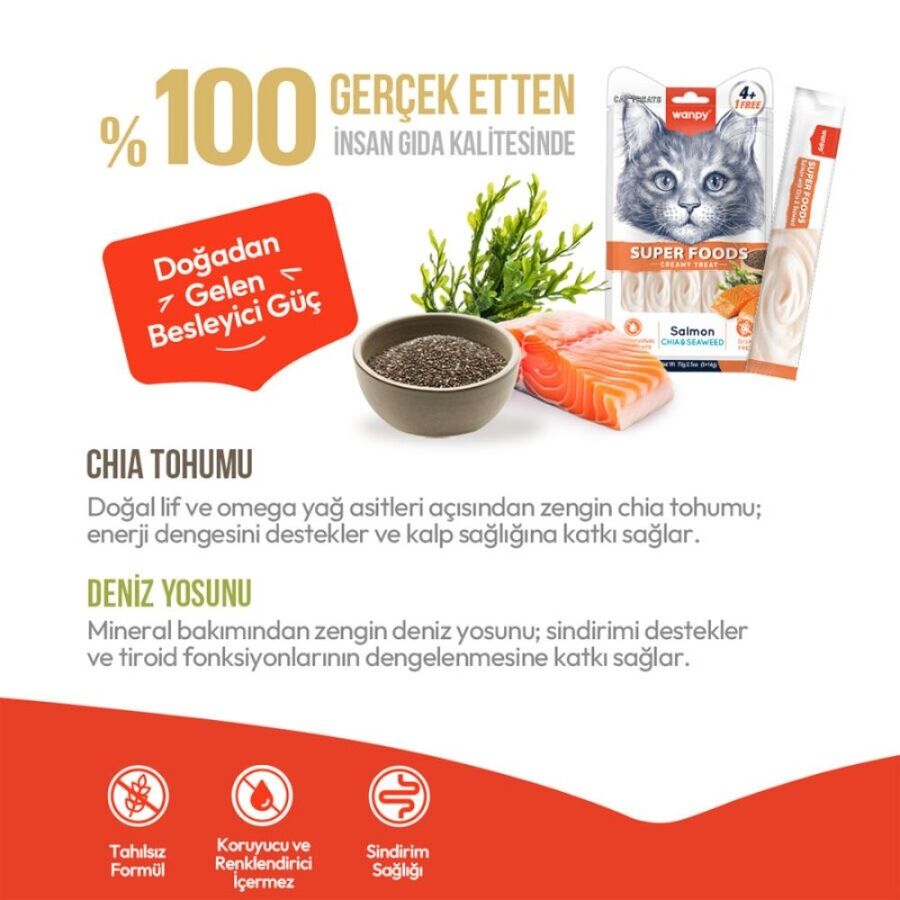 Wanpy Superfood Somonlu Chia ve Deniz Yosunlu Krema Kedi Ödülü 5×14gr