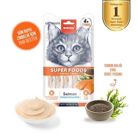Wanpy Superfood Somonlu Chia ve Deniz Yosunlu Krema Kedi Ödülü 5×14gr - Thumbnail