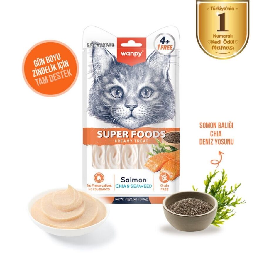 Wanpy Superfood Somonlu Chia ve Deniz Yosunlu Krema Kedi Ödülü 5×14gr