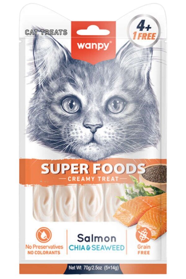Wanpy Superfood Somonlu Chia ve Deniz Yosunlu Krema Kedi Ödülü 5×14gr