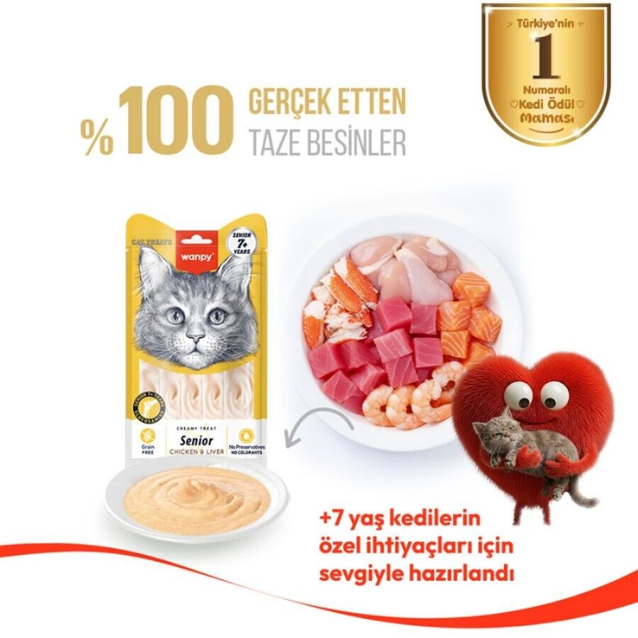 Wanpy Tavuklu ve Ciğerli 7+ Yaş Kedi Krema Ödülü 5×14gr