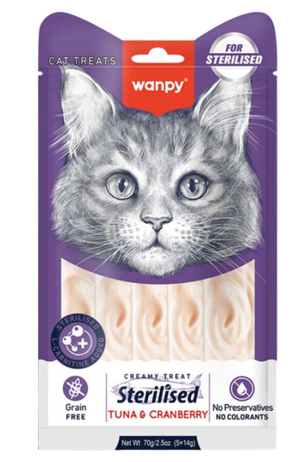 Wanpy Ton Balıklı ve Kızılcıklı Kısırlaştırılmış Kedi Krema Ödülü 5×14gr